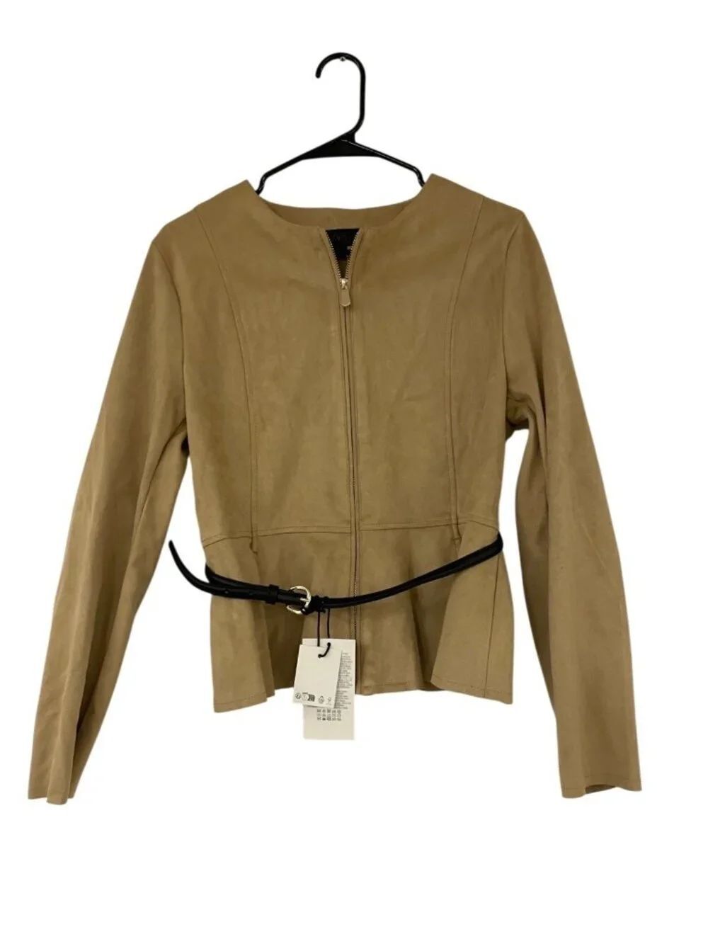 Zara Womens Jacket XL Camel Brown Belted Faux Suede Peplum Full Zip 3046/280 NWT